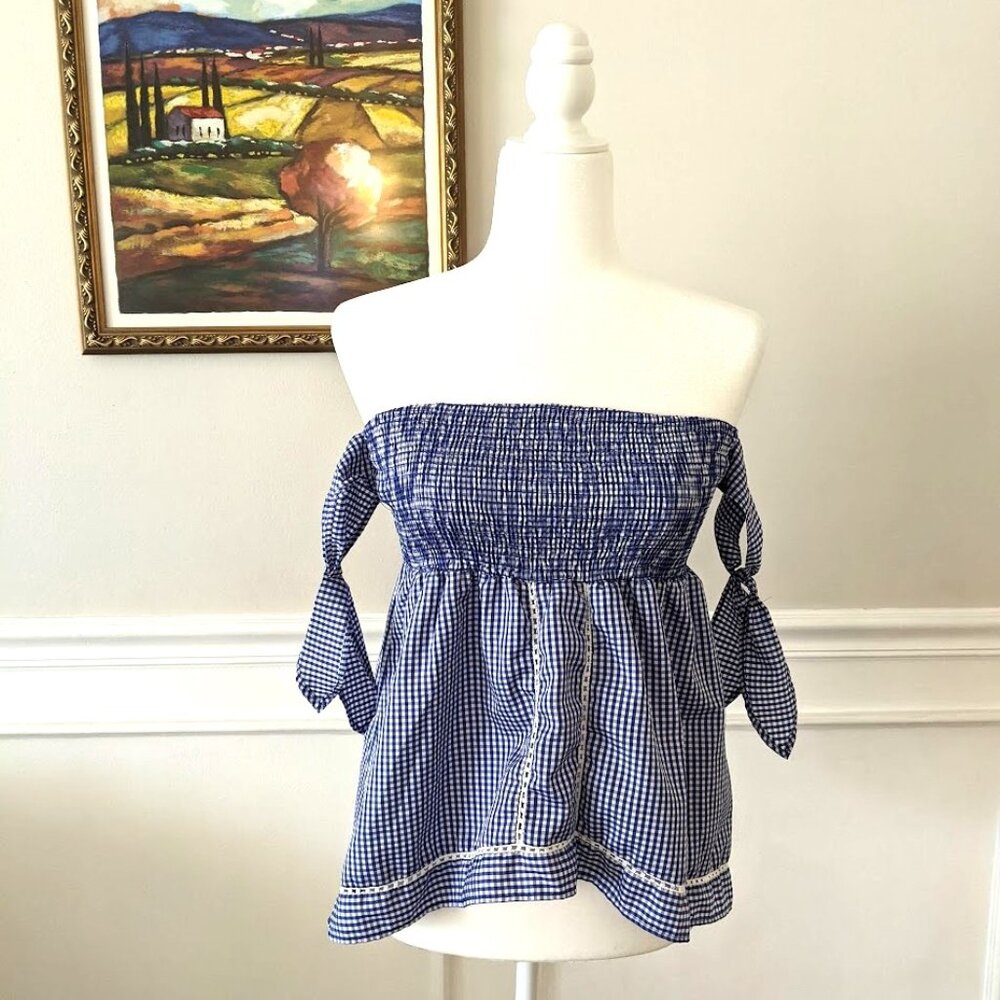 Blue gingham off shoulder top